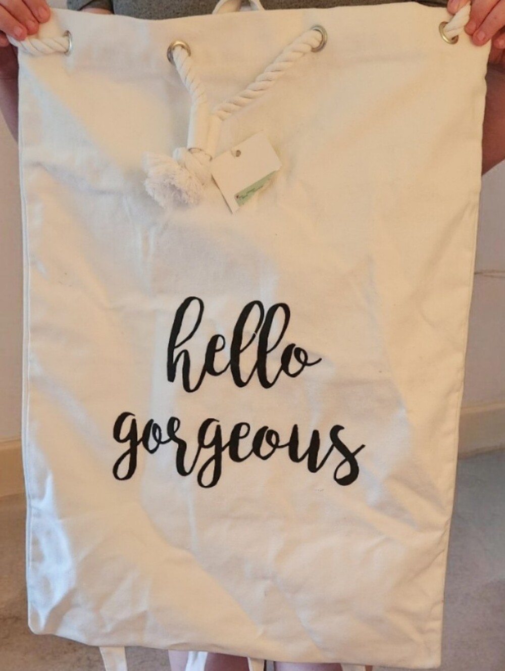 Hello Gorgeous Canvas Drawstring Backpack - White with Black Script